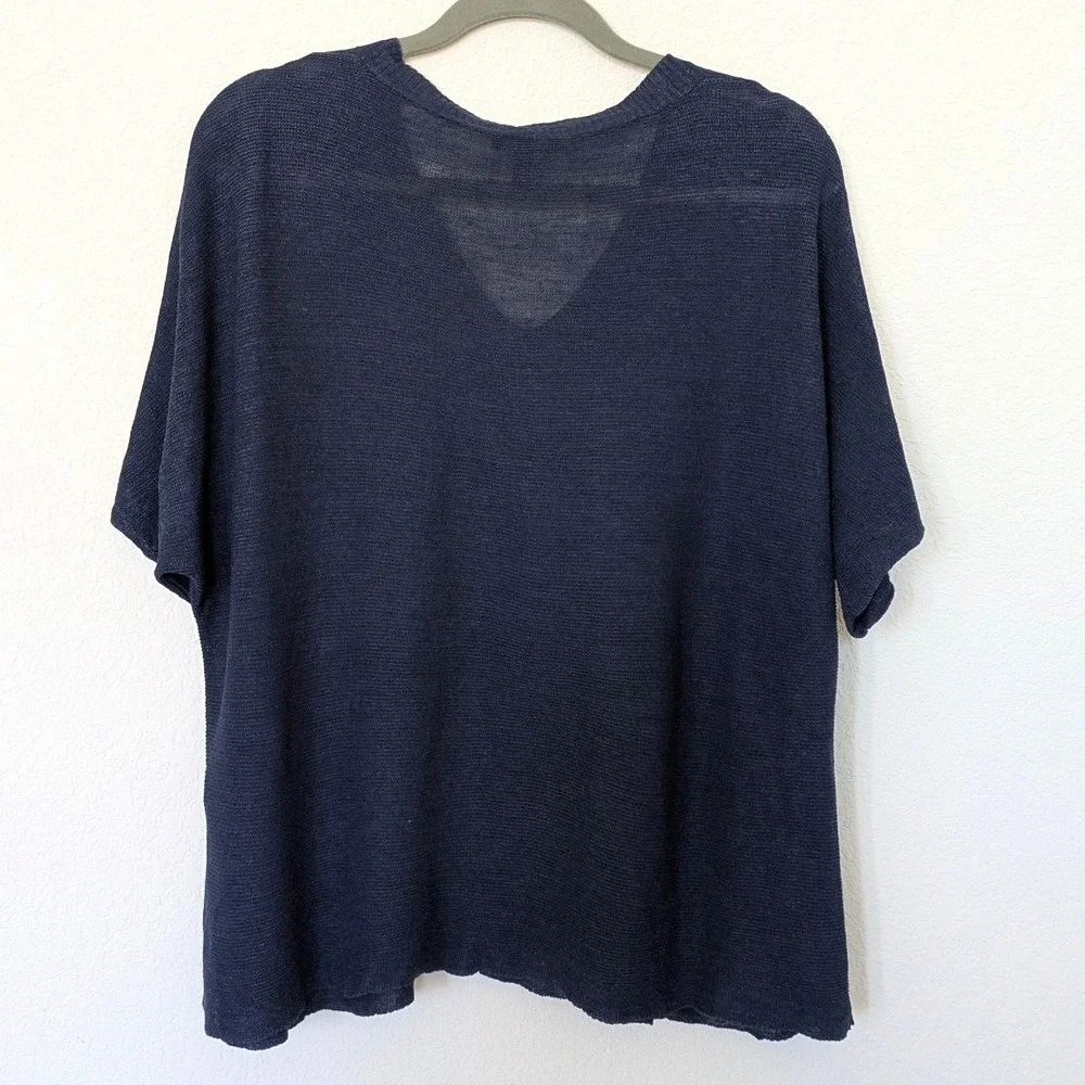 Eileen Fisher V-Neck Organic Linen Top Size M Navy Blue Knit Short Sleeve Boxy